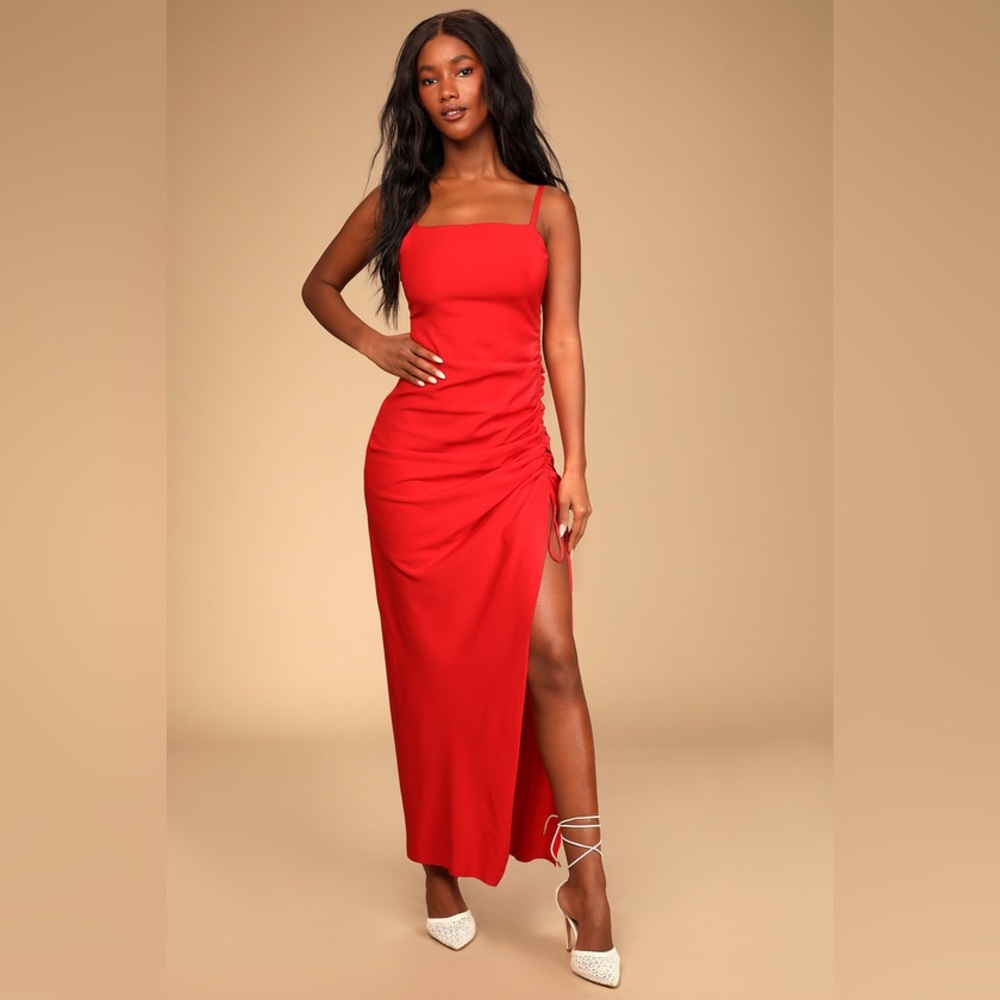 Lulus Love You Like I Do Red Ruched Drawstring Maxi Dress 
Size M